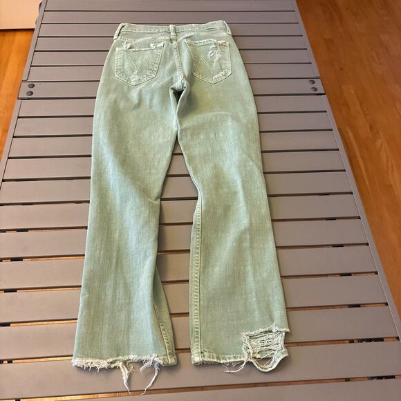 Mother Superior Jeans Women 24 Green Denim 5 Pocket Flat Front Distressed Raw - Picture 3 of 9